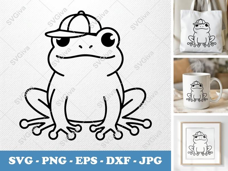 Frog in a Cap SVG | Simple Minimalist Vector | Bold Contour PNG DXF EPS for Cricut Silhouette