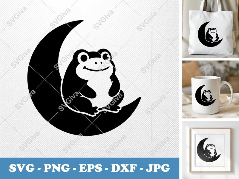 Frog on Moon SVG | Cute Clean Design | PNG EPS DXF Cut File for Cricut & Silhouette | Animal Clipart | Celestial Art