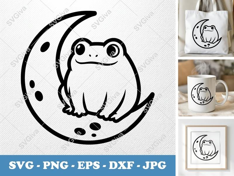 Frog on Moon SVG | Puffy Soft Shapes PNG DXF EPS | Cricut Silhouette | Cute Animal Vector