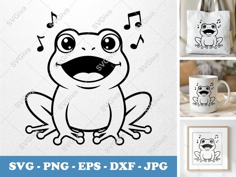 Frog Singing SVG | Friendly Rounded Body Bean-Shaped Cut File | PNG DXF EPS | Cricut Silhouette