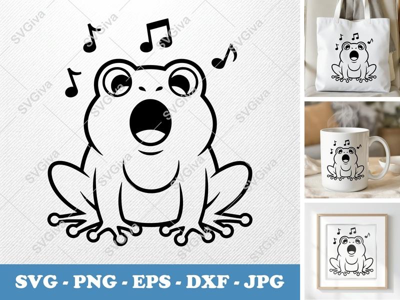 Frog Singing SVG | Music Notes Cut File | Modern Animal PNG EPS DXF for Cricut & Silhouette, Cartoon Amphibian Vector