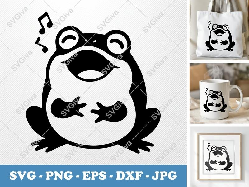 Frog Singing SVG | Puffy Cartoon Frog Cut File | Inflated Design PNG DXF EPS | Cricut Silhouette Ready