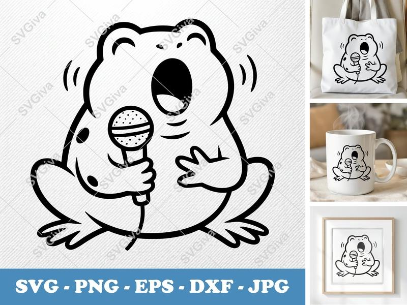 Frog Singing SVG | Puffy Cartoon Frog Cut File | PNG DXF EPS | Cricut Silhouette Design | Soft Animal Graphic