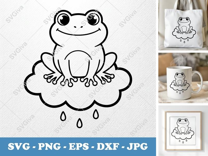 Frog Sitting on Cloud SVG | Rounded Bean-Shaped Cut File | PNG DXF EPS | Cricut Silhouette