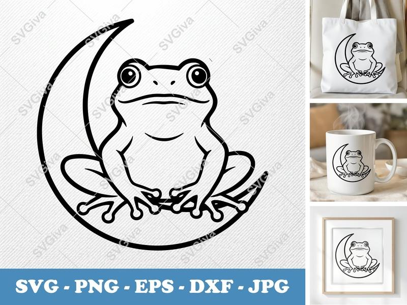 Frog Sitting on Moon SVG | Minimalist Character Design | Bold Contour Cut File | PNG DXF EPS | Cricut Silhouette Ready