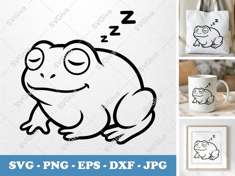 Frog Sleeping SVG | Cartoon Sleepy Amphibian PNG EPS DXF | Cricut Silhouette Cut File | Cute Nursery Decal Vector