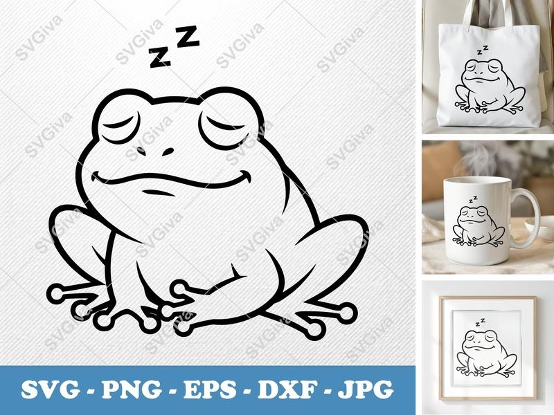 Frog Sleeping SVG | Cute Sleepy Frog PNG EPS DXF | Modern Cartoon Amphibian Cut File for Cricut, Silhouette