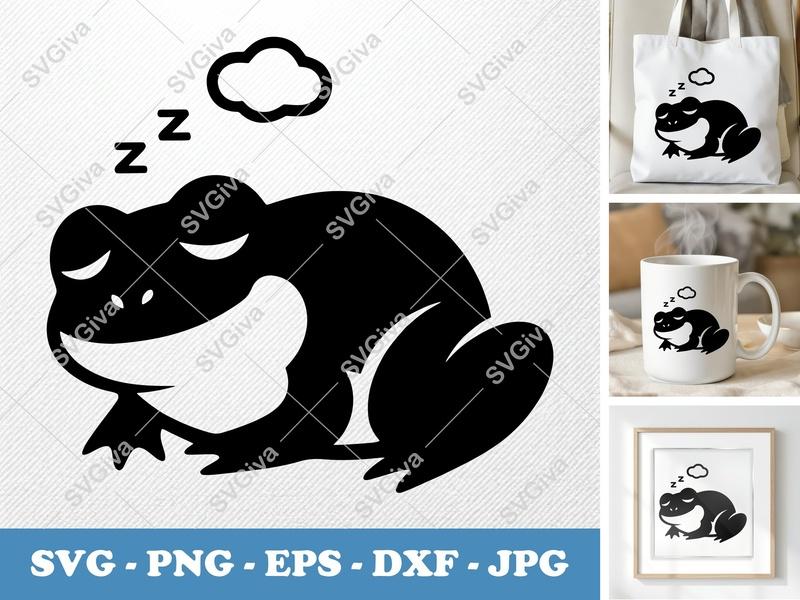 Frog Sleeping SVG | Modern Cartoon Sleepy Frog PNG EPS DXF | Cute Animal Cricut Silhouette Cut File Vector Clipart