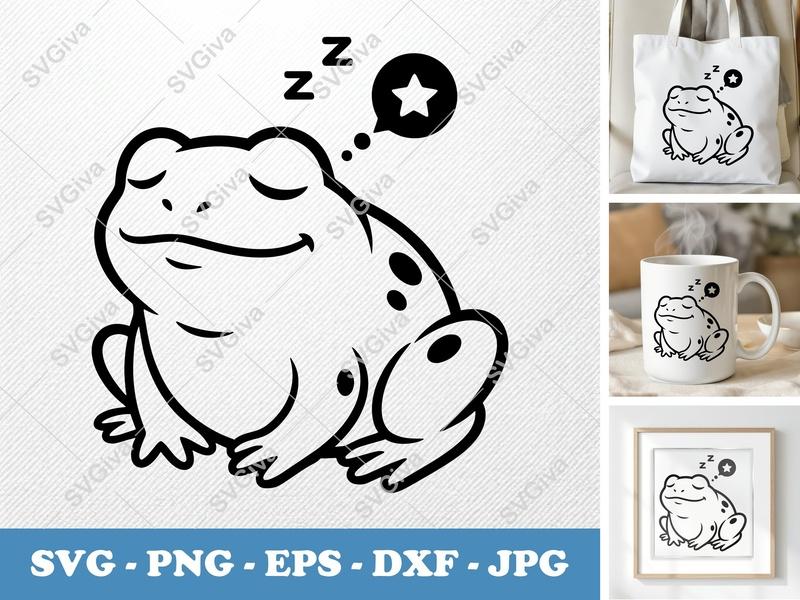Frog Sleeping SVG | Soft Puffy Cartoon PNG DXF EPS | Cricut Silhouette File | Dreamy Toad Vector