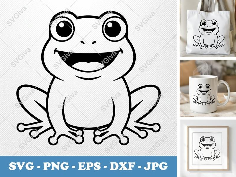 Frog Smiling Happily SVG | Friendly Rounded Body Bean-Shaped Forms | PNG DXF EPS | Cricut Silhouette File