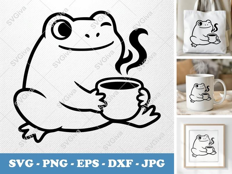 Frog SVG Coffee Lover, Cute Toad with Drink Cup, PNG EPS DXF | Cricut Silhouette File, Animal Clip Art, Modern Design