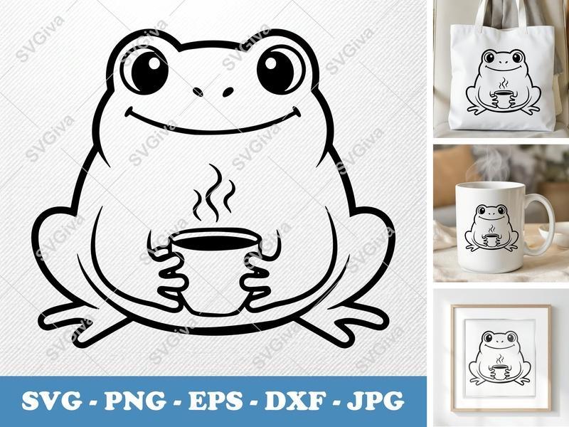 Frog SVG, Coffee Mug Cut File, Cute Animal PNG EPS DXF, Modern Line Art for Cricut & Silhouette, Happy Toad Clipart