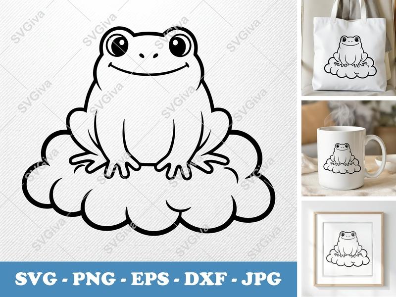 Frog SVG on Cloud | Cute Cartoon Amphibian Cut File | PNG EPS DXF | Cricut Silhouette Design