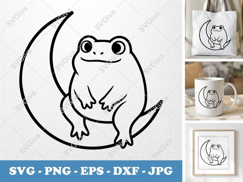 Frog SVG on Moon | Cute Amphibian Clipart | PNG EPS DXF for Cricut Silhouette, Animal Vector Art, Modern Clean Design