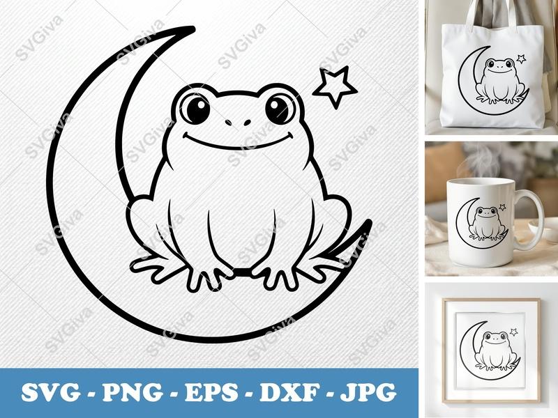 Frog SVG on Moon with Star | Cute Outline Design | PNG EPS DXF | Cricut Silhouette Cut File