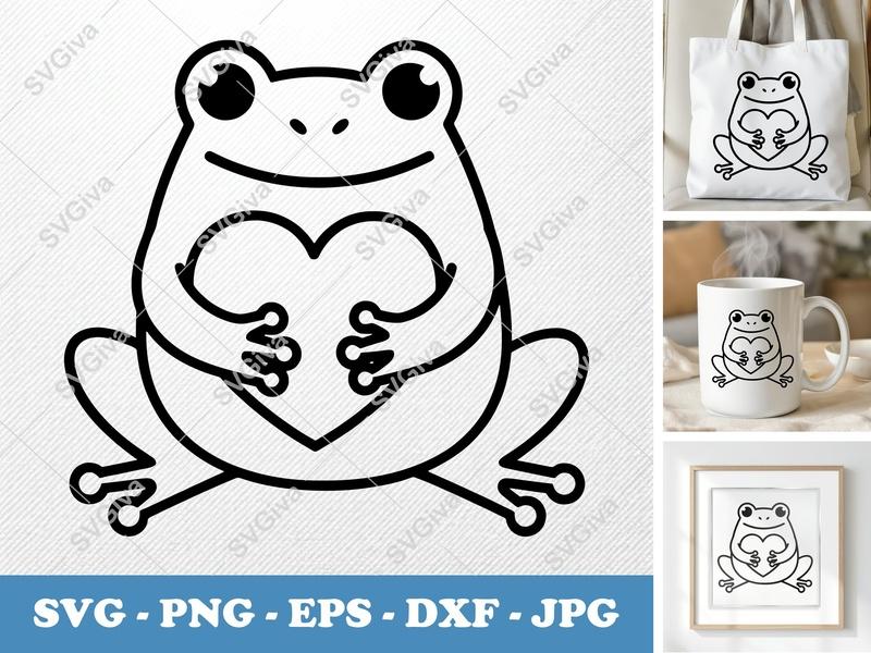 Frog SVG | Rounded Bean-Shaped Friendly Cut File | Holding Heart PNG DXF EPS for Cricut Silhouette