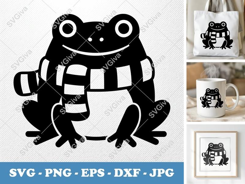 Frog SVG Scarf Winter Clipart | Modern Animal Cut File | PNG EPS DXF for Cricut Silhouette