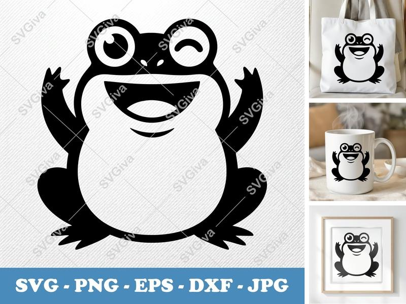 Frog SVG, Winking Happy Frog Cut File, Cartoon Amphibian | PNG EPS DXF for Cricut Silhouette