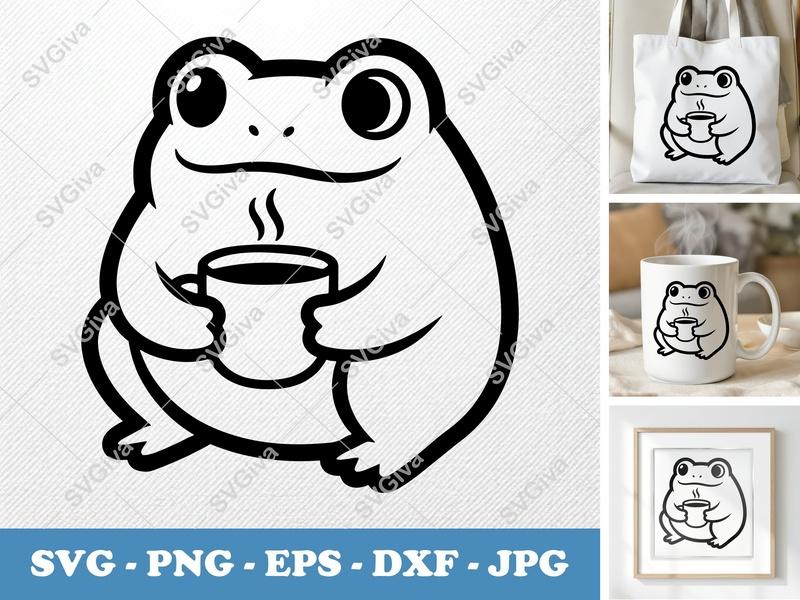 Frog SVG with Coffee Cup | Puffy Soft Forms | PNG DXF EPS | Cricut Silhouette File