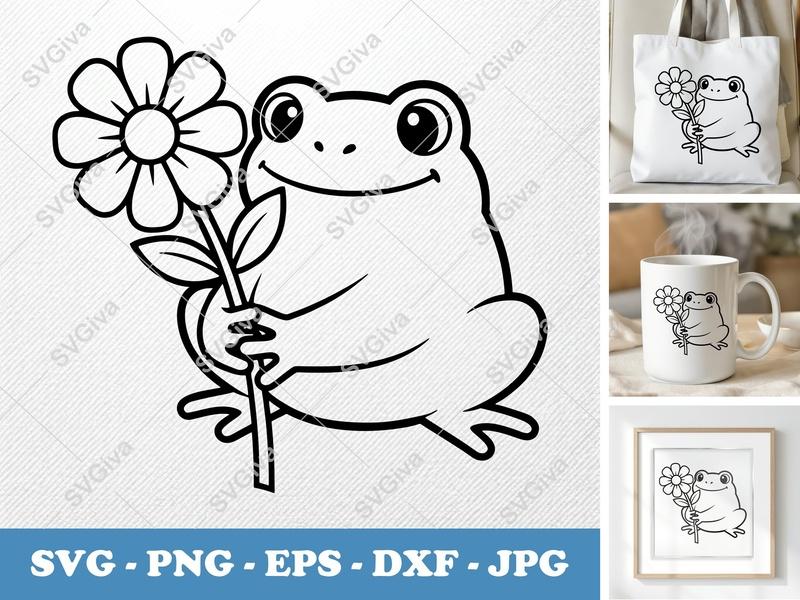 Frog SVG with Flower | Cute Animal Design, Cartoon Clipart | PNG EPS DXF for Cricut, Silhouette, Vector Digital File