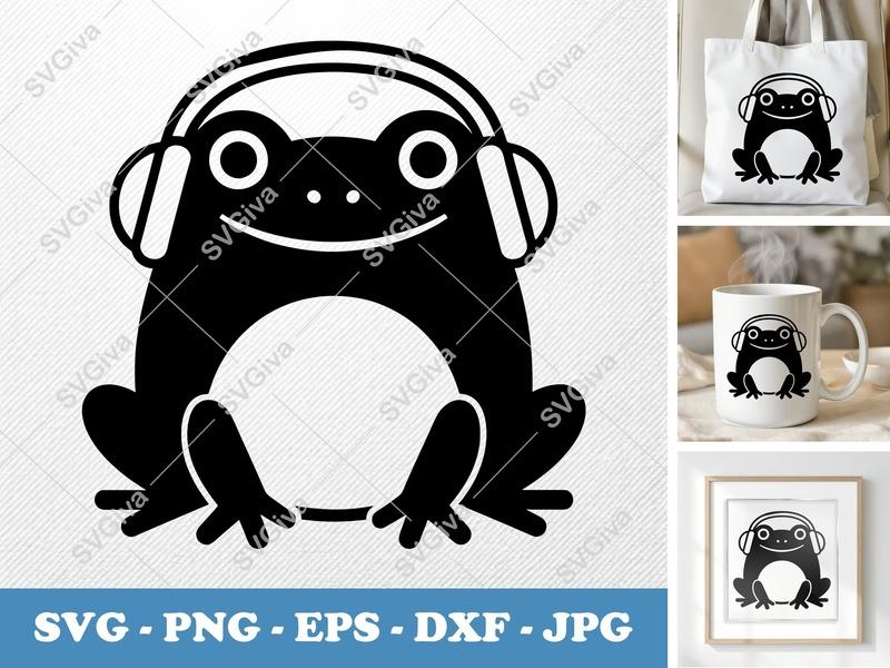 Frog SVG with Headphones | Modern Cute Animal Cut File | PNG EPS DXF for Cricut Silhouette