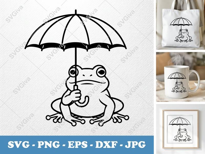 Frog SVG with Umbrella | Cute Amphibian Rain Design | PNG EPS DXF for Cricut Silhouette Cutting Machines