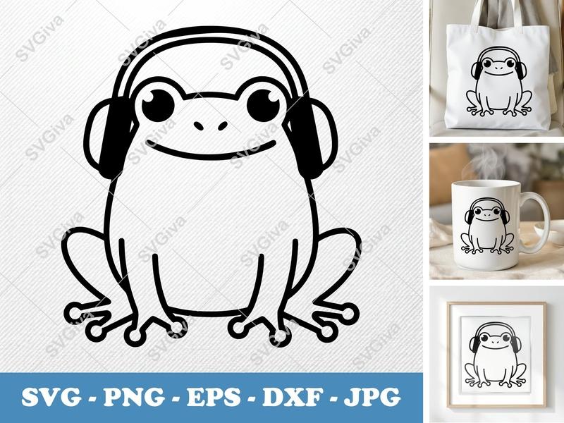 Frog Wearing Headphones SVG | Friendly Rounded Bean-Shaped Design | PNG DXF EPS Cut File for Cricut Silhouette