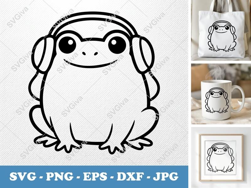 Frog Wearing Headphones SVG | Puffy Cartoon Style | PNG DXF EPS | Cricut Silhouette Cut File