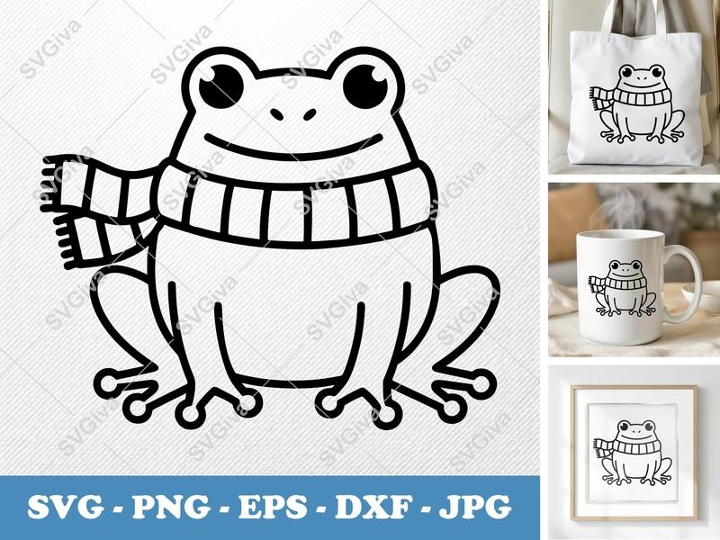 Frog Wearing Scarf SVG | Friendly, Rounded Bean-Shaped Cut File | PNG DXF EPS | Cricut Silhouette