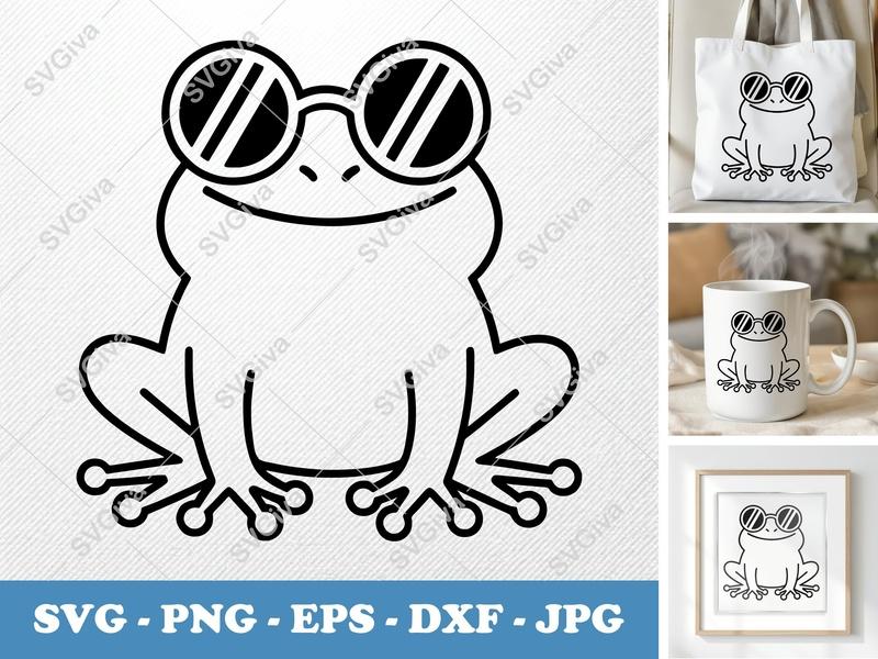 Frog Wearing Sunglasses SVG | Friendly Bean-Shaped Cut File | PNG DXF EPS | Cricut Silhouette Design