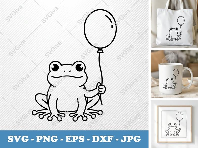 Frog With Balloon SVG | Simple Character Minimalist Design | PNG DXF EPS | Cricut Silhouette Cut File