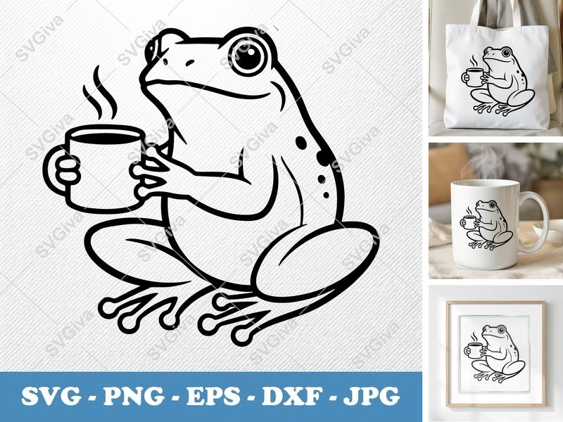 Frog With Coffee Cup SVG | Bold Contour Minimalist Cut File | PNG DXF EPS | Cricut Silhouette Animal