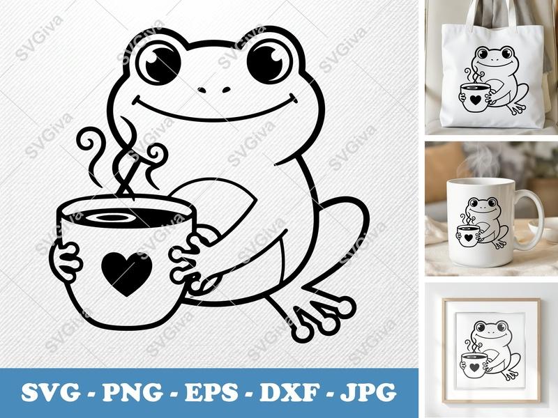 Frog with Coffee Cup SVG | Friendly Rounded Bean-Shaped Frog Design | PNG DXF EPS | Cricut Silhouette File