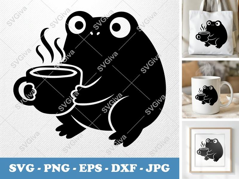 Frog With Coffee Cup SVG | Puffy Soft Shapes | PNG DXF EPS | Cricut Silhouette | Coffee Lover Gift