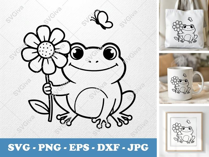 Frog with Flower SVG, Friendly Rounded Bean-Shaped Cut File | PNG DXF EPS | Cricut Silhouette Design