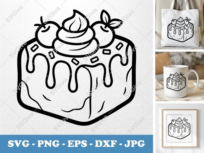 Fudge SVG | Modern Clean Design | Cake with Whipped Cream & Berries | PNG EPS DXF for Cricut, Silhouette