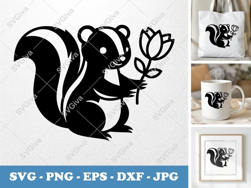 Geometric Skunk Love SVG, PNG, DXF, EPS | Minimalist Floral Cut File for Cricut & Silhouette Crafts
