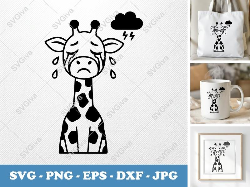 Giraffe Crying SVG | Bold Contour Minimalist Cut File | PNG DXF EPS | Cricut Silhouette