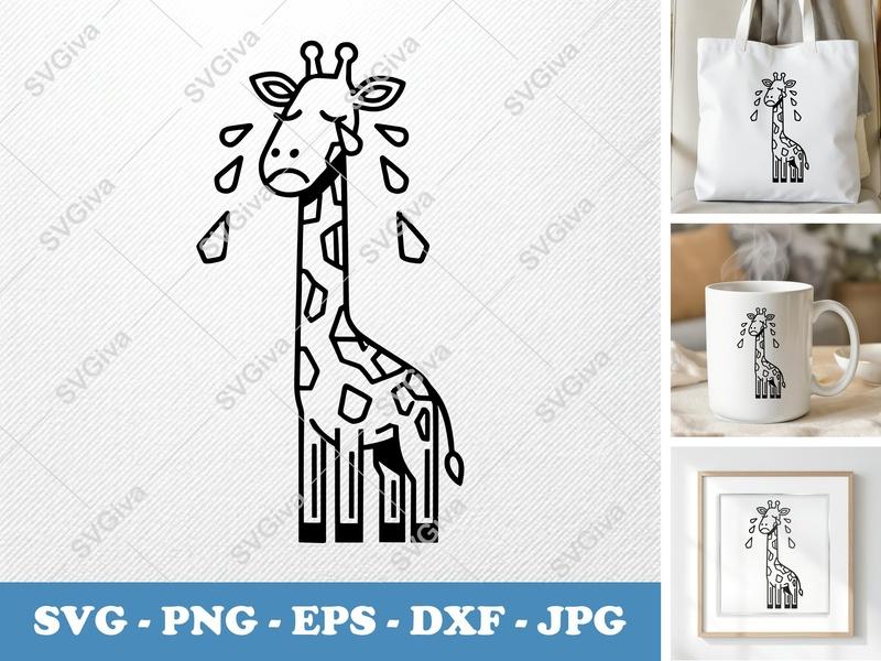 Giraffe Crying SVG | Double-Outline Minimalist Design | Thick Contour, Thin Lines | PNG DXF EPS | Cricut Silhouette Cut File