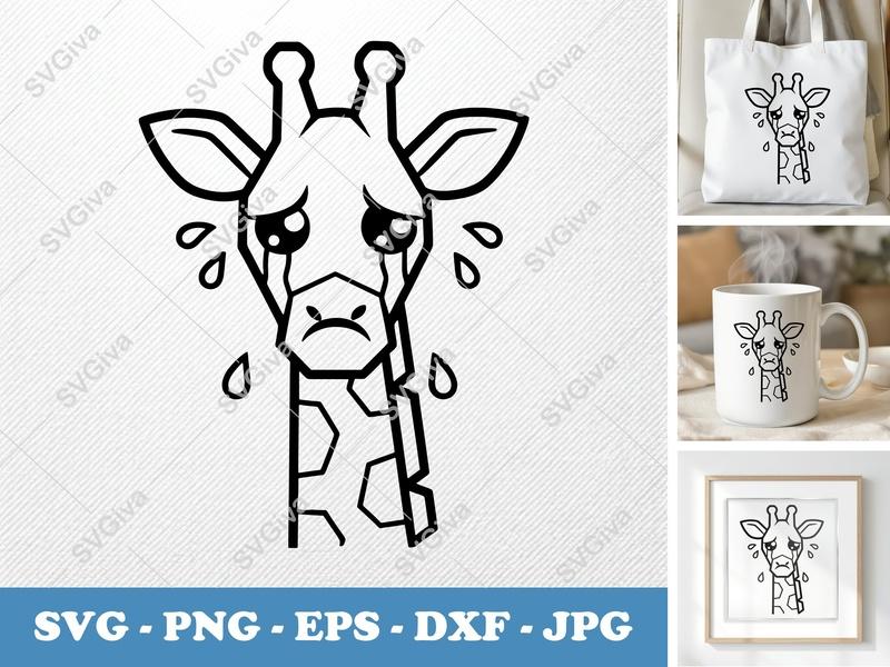 Giraffe Crying SVG | Sad Cartoon Giraffe Cut File | PNG EPS DXF for Cricut Silhouette, Outline Animal Vector