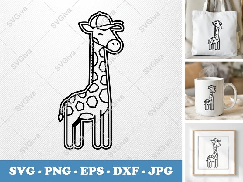 Giraffe in a Cap SVG | Double-Outline Cut File, Thick Contour & Thin Lines, Basic Shapes | PNG DXF EPS | Cricut Silhouette