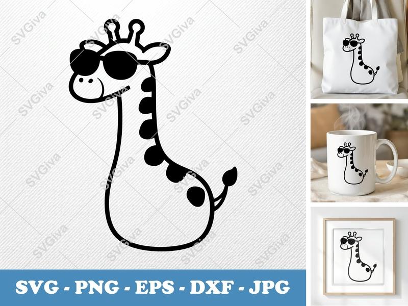 Giraffe in Sunglasses SVG | Puffy Cartoon Style Cut File | PNG DXF EPS for Cricut Silhouette