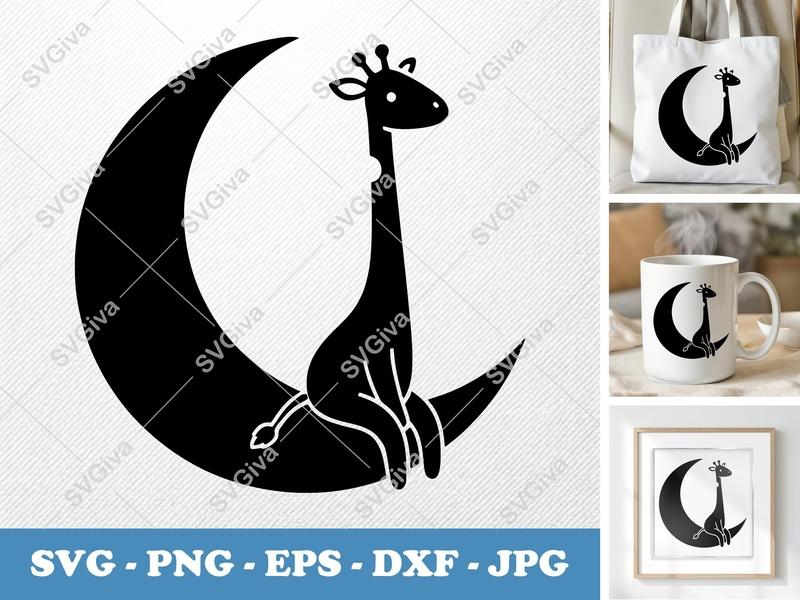 Giraffe Moon SVG, Cute Animal Sitting on Crescent, Modern Nursery Clipart PNG EPS DXF for Cricut Silhouette