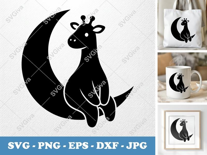 Giraffe Moon SVG, Cute Baby Giraffe Sitting on Crescent Moon PNG EPS DXF for Cricut Silhouette, Nursery Decor Cut File