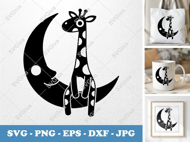 Giraffe on Moon SVG | Cartoon Animal Cut File, Baby Nursery Clipart | PNG EPS DXF for Cricut Silhouette
