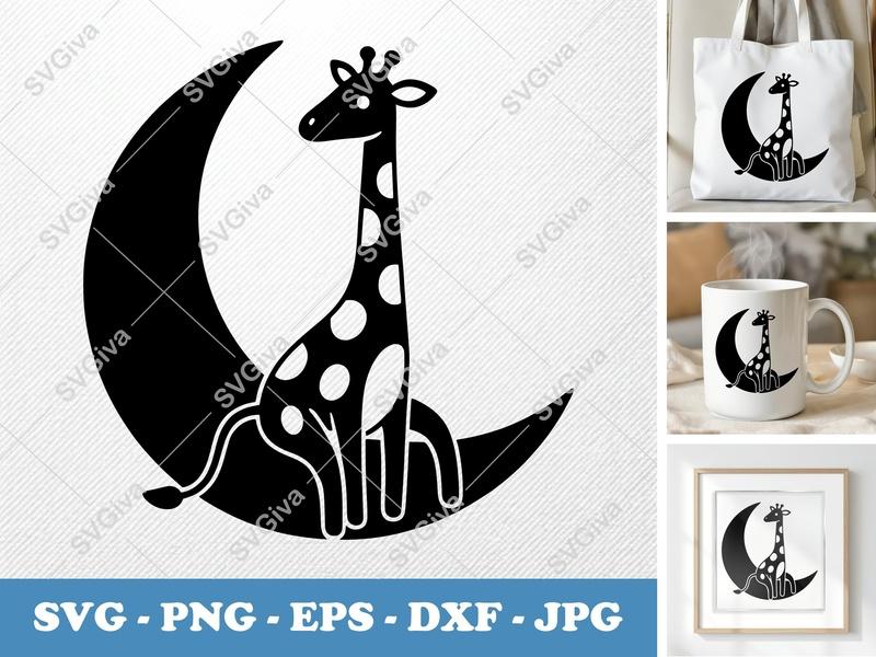 Giraffe on Moon SVG | Cute Animal Cut File | Nursery Decor | PNG EPS DXF for Cricut Silhouette