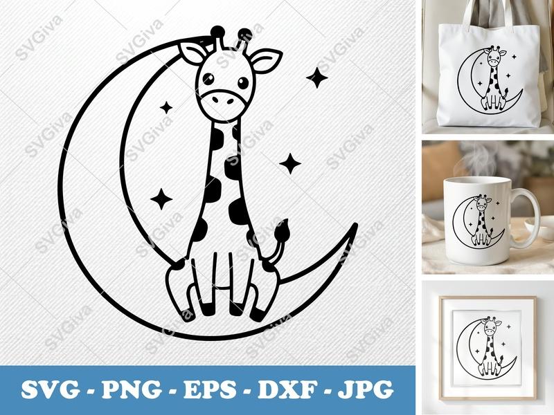 Giraffe on Moon SVG | Cute Giraffe with Stars PNG EPS DXF | Nursery Decor Cut File for Cricut Silhouette