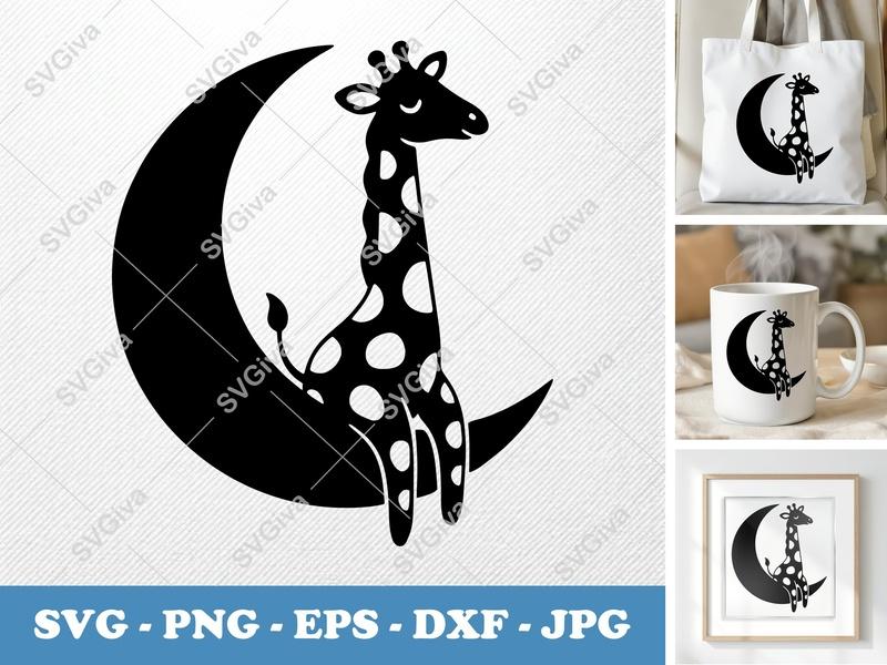 Giraffe on Moon SVG | Modern Clean Cut File for Cricut, Silhouette | PNG EPS DXF | Nursery Decor, Baby Shower Gift