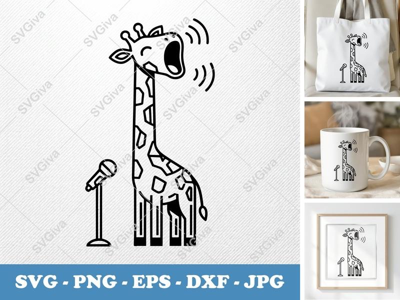 Giraffe Singing SVG | Double-Outline Minimalist Cut File | Thick Outer & Thin Inner Lines | PNG DXF EPS for Cricut Silhouette