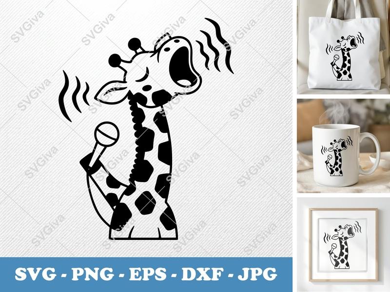 Giraffe Singing SVG, Microphone Giraffe PNG, EPS, DXF | Cricut & Silhouette Cut File, Modern Animal Clipart
